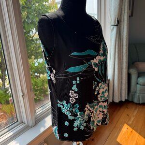 Chicos travel tank top. Black wth Blue/white floral design. Chicos Size 1